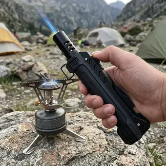 Hand lighting a camp stove on a rock with the TacFlame blue jet flame, tents and mountains behind